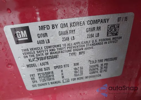 2015 Buick Encore Convenience из США, поврежденный, VIN KL4CJFSB4FB250487